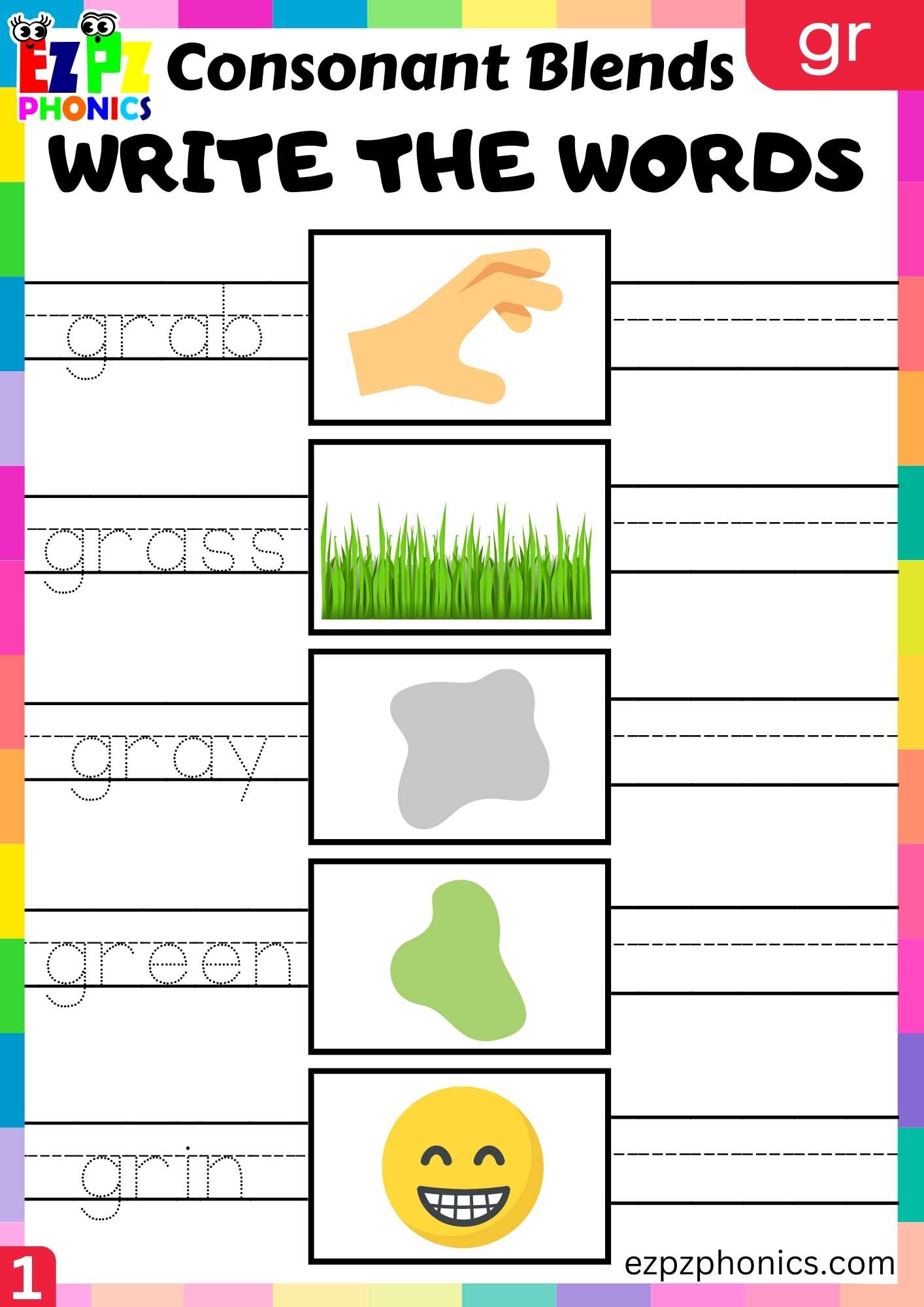 Group1 GR Words Write The Words Phonics Consonant Blends Worksheet